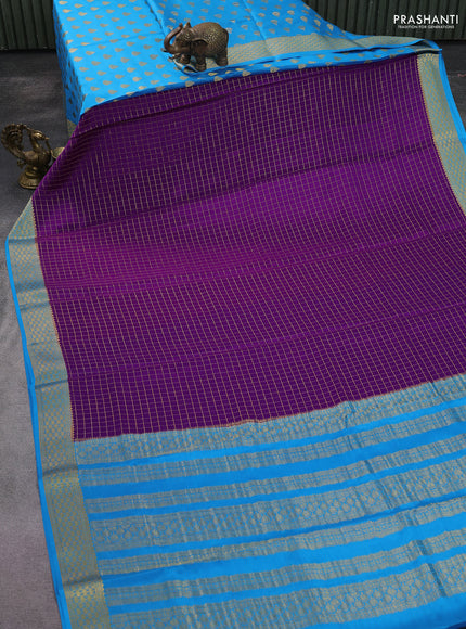 Pure mysore partly silk saree violet and cs blue with allover zari checked pattern and zari woven border