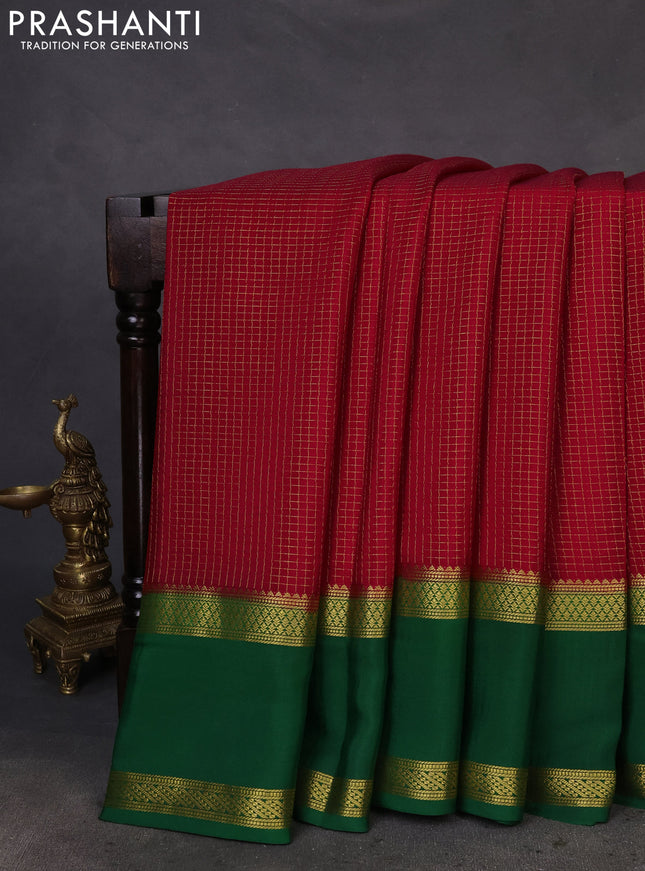 Pure mysore silk saree red and green with allover zari checked pattern and rettapet zari woven border