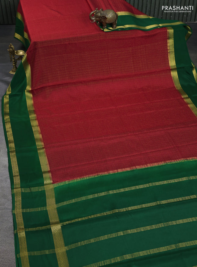 Pure mysore silk saree red and green with allover zari checked pattern and rettapet zari woven border