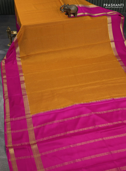 Pure mysore silk saree mustard yellow and pink with allover zari checked pattern and rettapet zari woven border