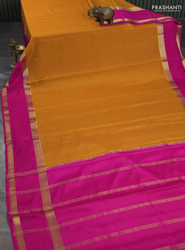Pure mysore silk saree mustard yellow and pink with allover zari checked pattern and rettapet zari woven border