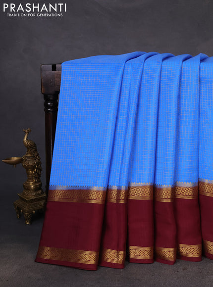 Pure mysore silk saree cs blue and deep maroon with allover zari checked pattern and rettapet zari woven border