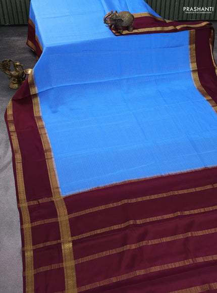 Pure mysore silk saree cs blue and deep maroon with allover zari checked pattern and rettapet zari woven border