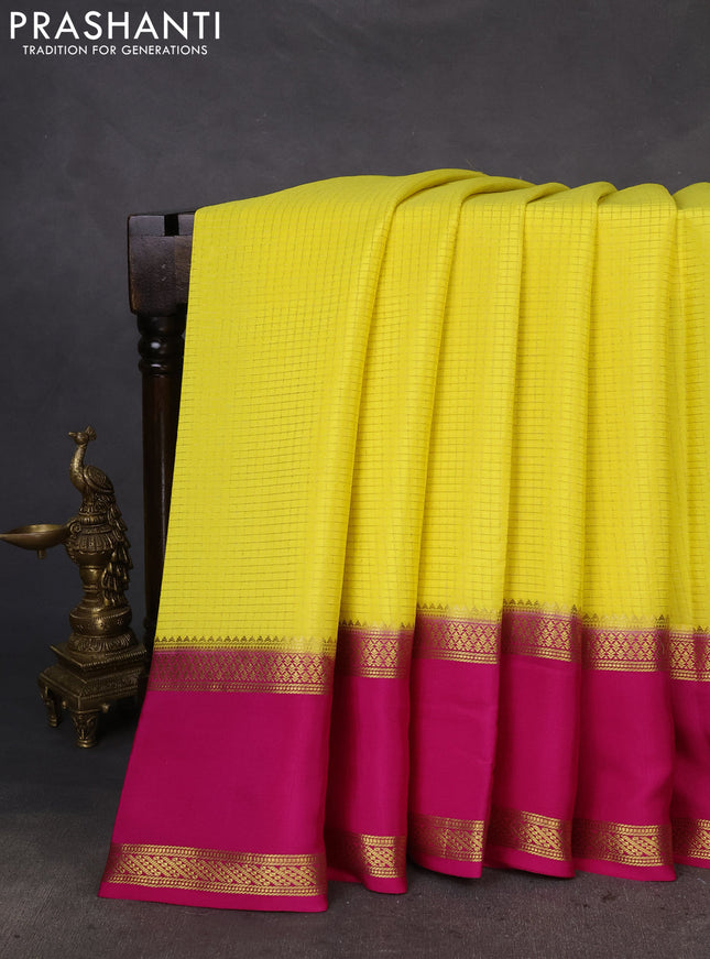 Pure mysore silk saree yellow and pink with allover zari checked pattern and rettapet zari woven border