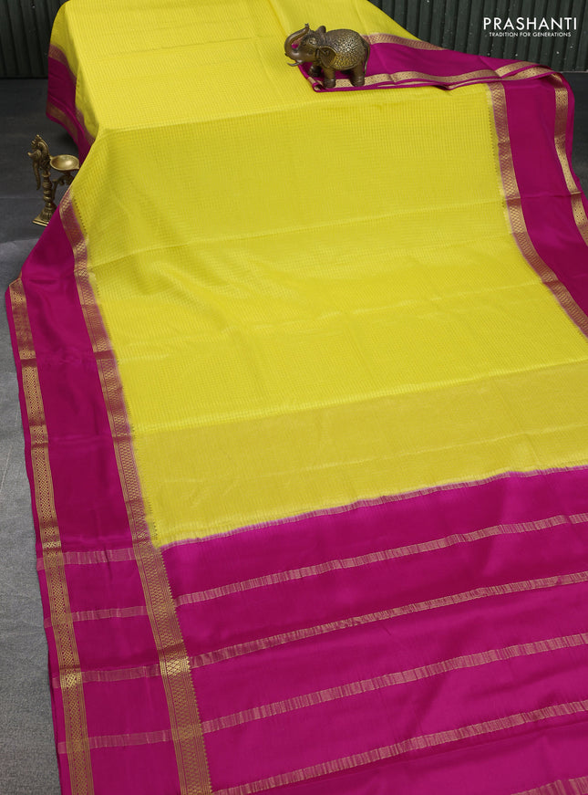 Pure mysore silk saree yellow and pink with allover zari checked pattern and rettapet zari woven border