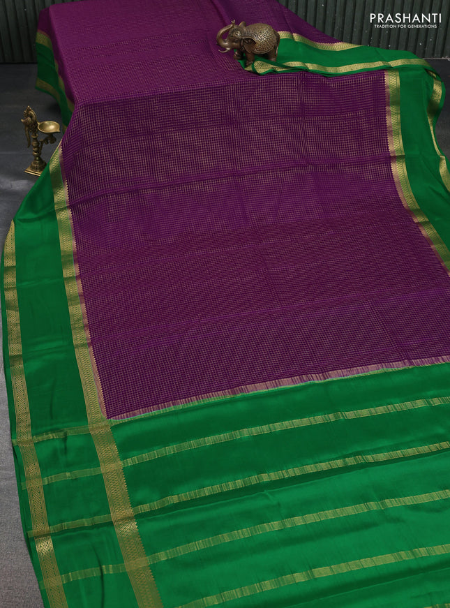 Pure mysore silk saree purple and green with allover zari checked pattern and rettapet zari woven border