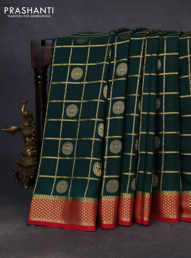 Pure mysore silk saree green and red with allover zari checks & buttas and zari woven border