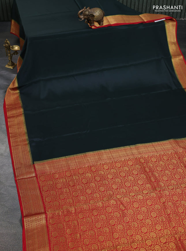 Pure mysore silk saree green and red with plain body and zari woven border