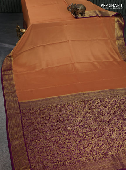Pure mysore silk saree pale orange and purple with plain body and zari woven border