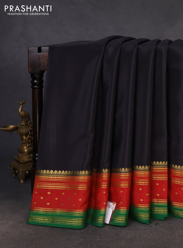 Pure mysore silk saree black and red green with plain body and zari woven border