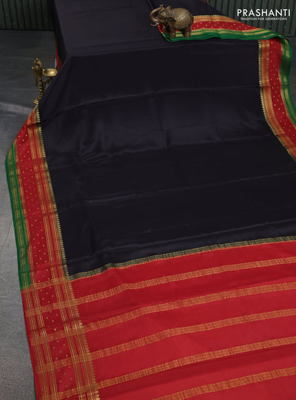 Pure mysore silk saree black and red green with plain body and zari woven border