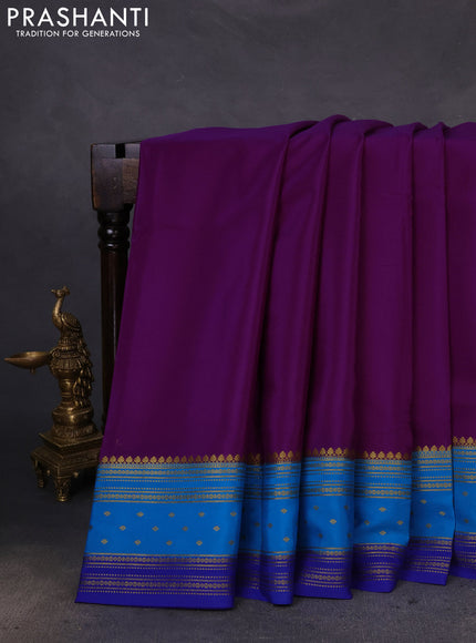 Pure mysore silk saree purple and cs blue with plain body and zari woven border