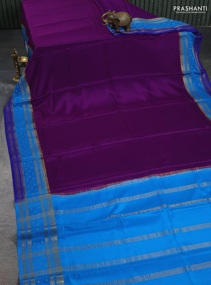 Pure mysore silk saree purple and cs blue with plain body and zari woven border