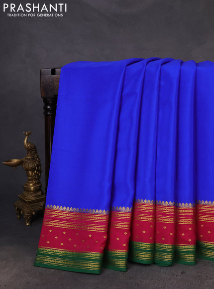 Pure mysore silk saree royal blue and magenta pink green with plain body and zari woven border