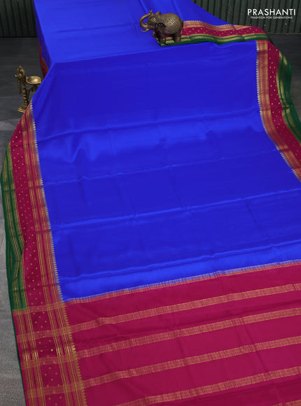 Pure mysore silk saree royal blue and magenta pink green with plain body and zari woven border