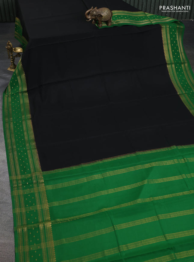Pure mysore silk saree black and green with plain body and zari woven border