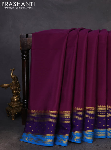 Pure mysore silk saree purple and violet cs blue with plain body and zari woven border