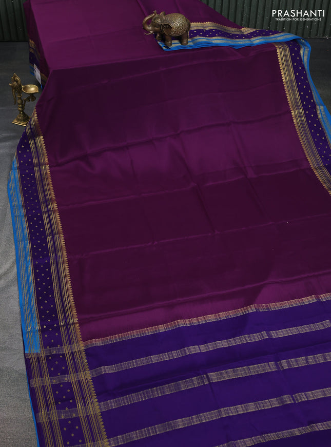 Pure mysore silk saree purple and violet cs blue with plain body and zari woven border