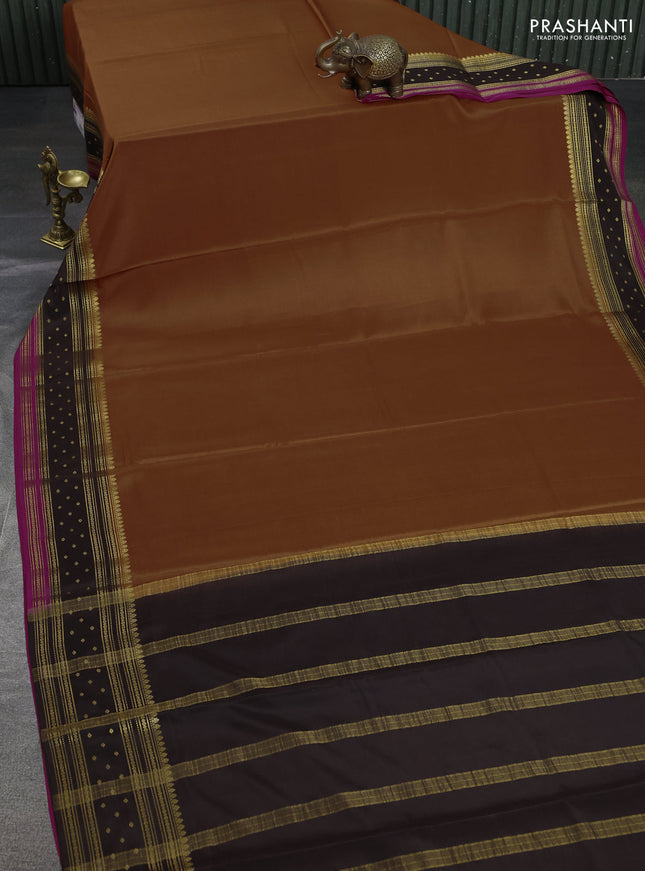 Pure mysore silk saree rustic orange and coffee brown pink with plain body and zari woven border