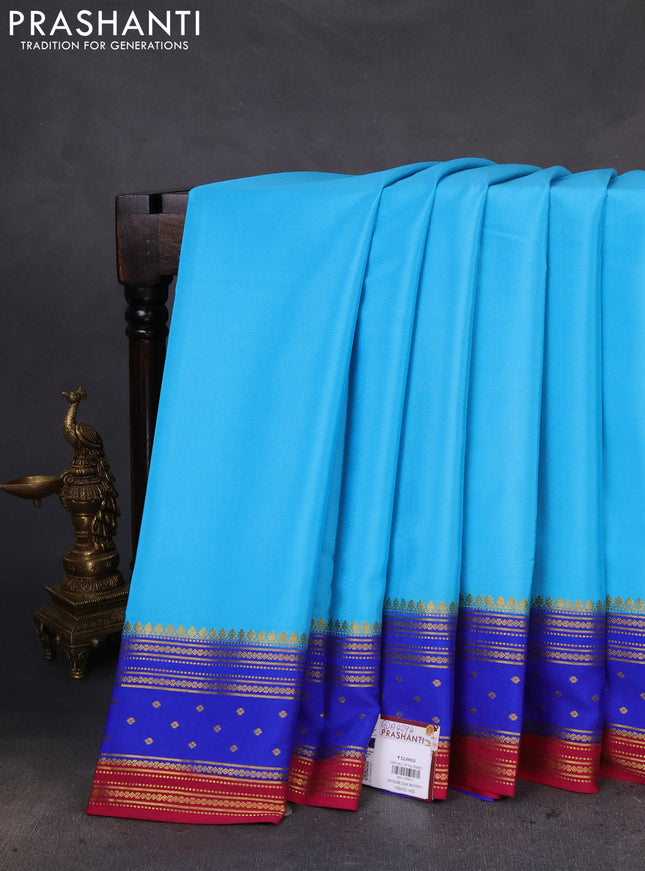 Pure mysore silk saree light blue and royal blue pink with plain body and zari woven border