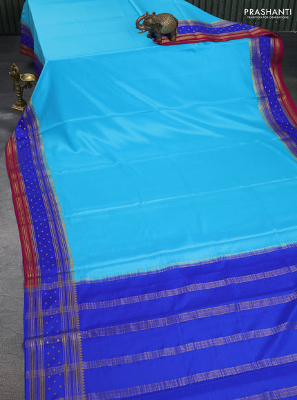 Pure mysore silk saree light blue and royal blue pink with plain body and zari woven border