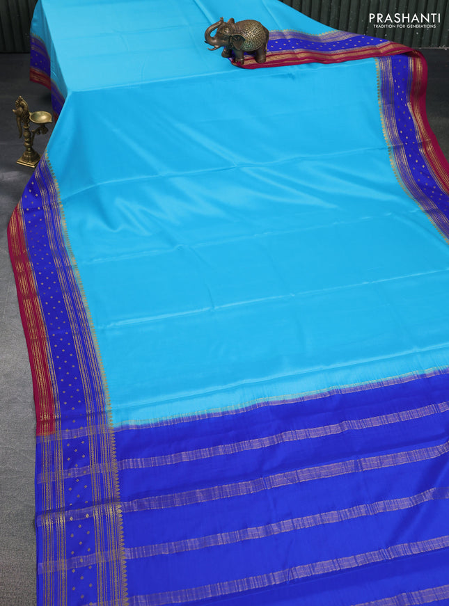 Pure mysore silk saree light blue and royal blue pink with plain body and zari woven border