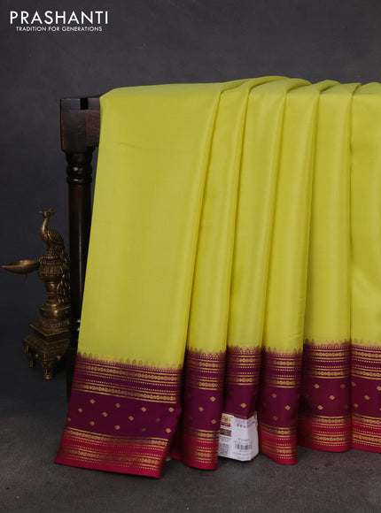 Pure mysore silk saree lime yellow and purple pink with plain body and zari woven border