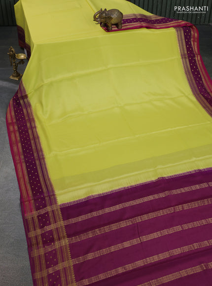 Pure mysore silk saree lime yellow and purple pink with plain body and zari woven border
