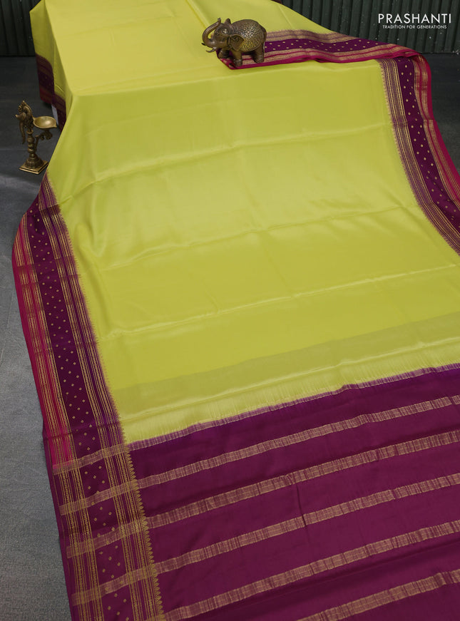 Pure mysore silk saree lime yellow and purple pink with plain body and zari woven border