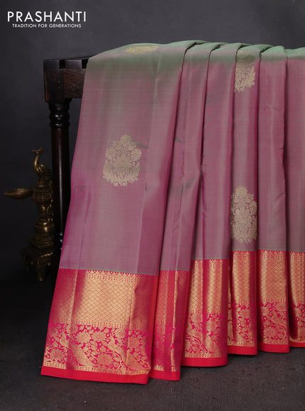 Pure kanchipuram silk saree dual shade of greenish pink and dual shade of pinkish orange with zari woven buttas and zari woven border
