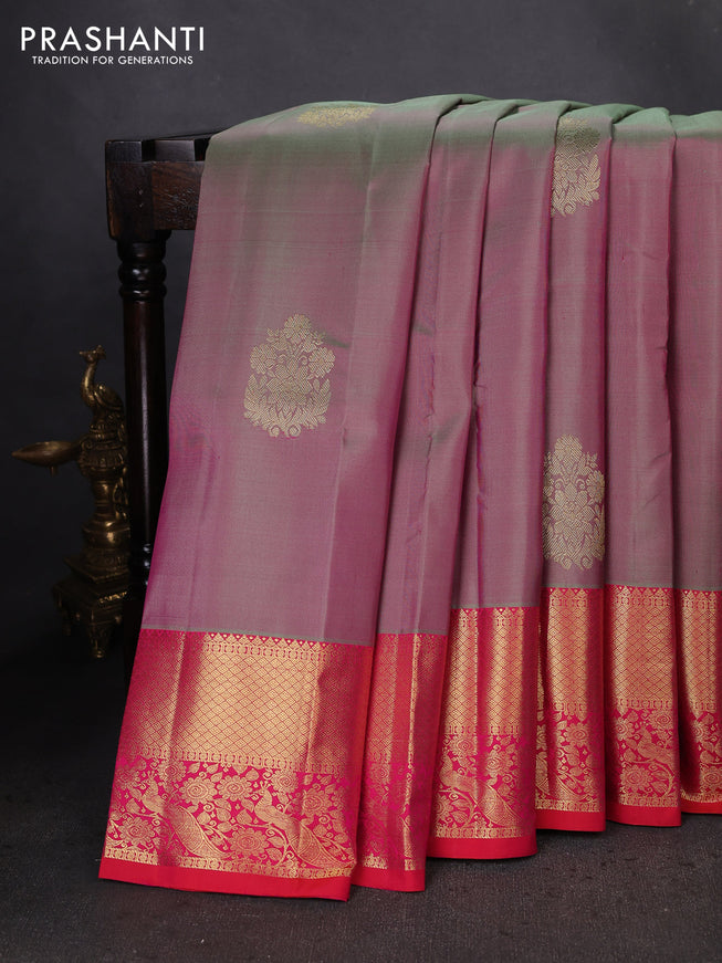Pure kanchipuram silk saree dual shade of greenish pink and dual shade of pinkish orange with zari woven buttas and zari woven border