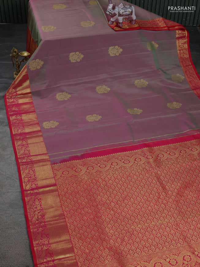 Pure kanchipuram silk saree dual shade of greenish pink and dual shade of pinkish orange with zari woven buttas and zari woven border
