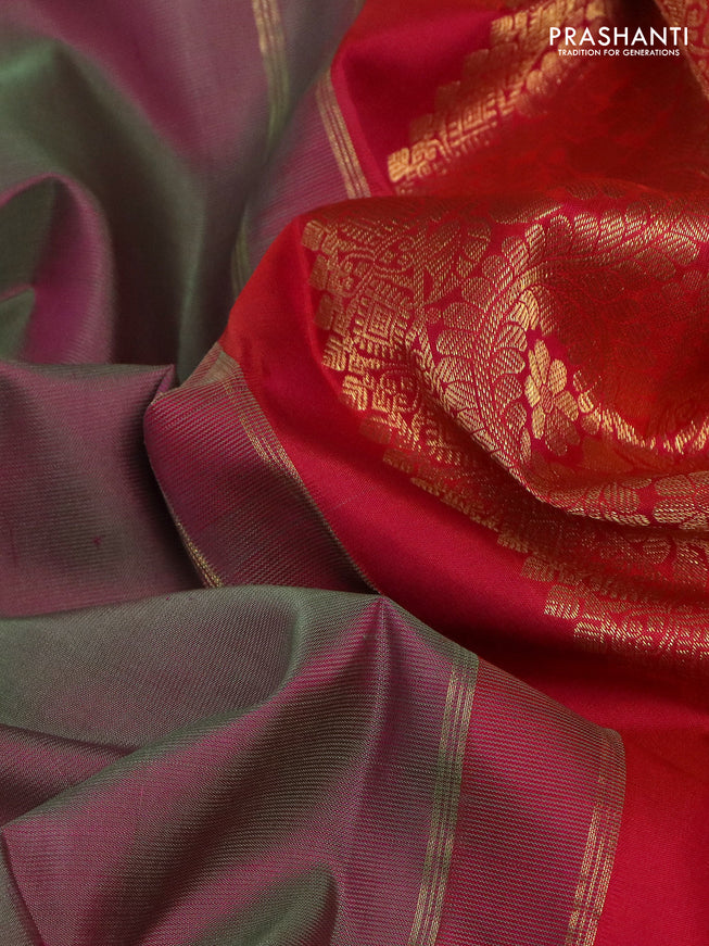 Pure kanchipuram silk saree dual shade of greenish pink and dual shade of pinkish orange with zari woven buttas and zari woven border