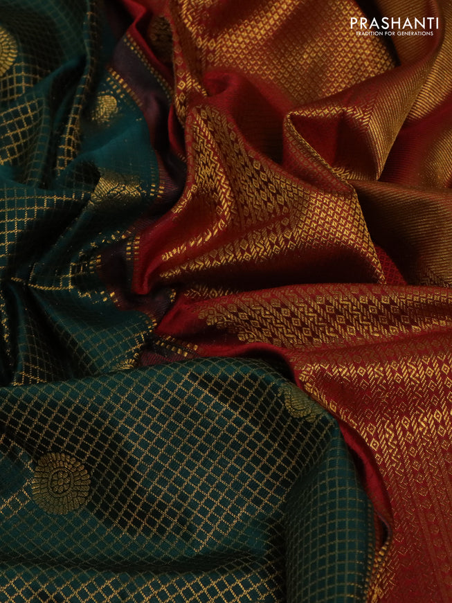 Pure kanchipuram silk saree green and maroon with allover small zari checked pattern and zari woven border
