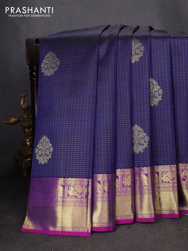 Pure kanchipuram silk saree blue and purple with allover small zari checked pattern and zari woven border