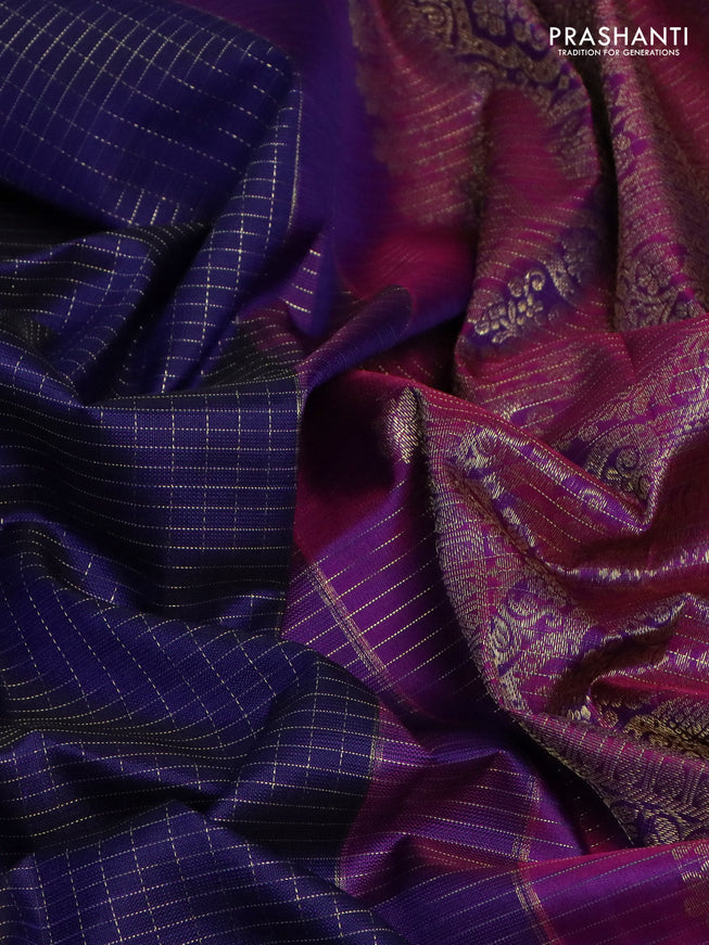 Pure kanchipuram silk saree blue and purple with allover small zari checked pattern and zari woven border