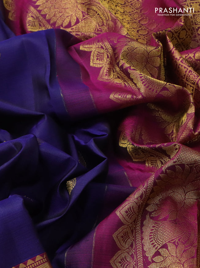 Pure kanchipuram silk saree blue and magenta pink with zari woven buttas and long zari woven border
