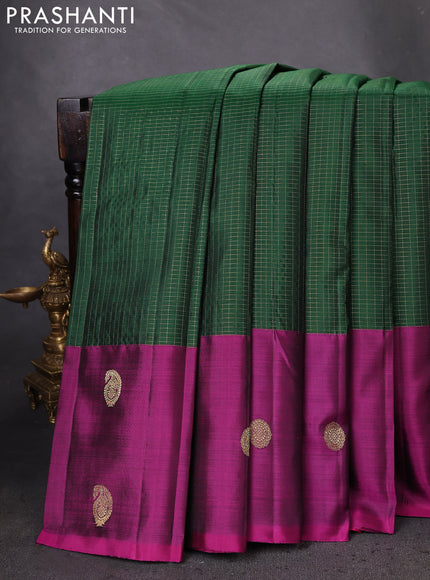 Pure kanchipuram silk saree green and purple with allover small zari checked pattern and zari woven butta border