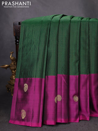 Pure kanchipuram silk saree green and purple with allover small zari checked pattern and zari woven butta border