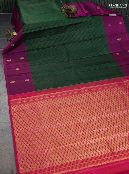 Pure kanchipuram silk saree green and purple with allover small zari checked pattern and zari woven butta border