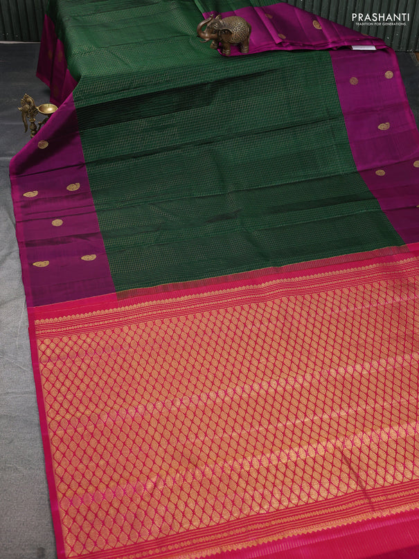 Pure kanchipuram silk saree green and purple with allover small zari checked pattern and zari woven butta border