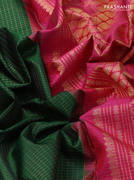 Pure kanchipuram silk saree green and purple with allover small zari checked pattern and zari woven butta border