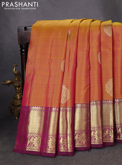 Pure kanchipuram silk saree dual shade of yellow and magenta pink with zari woven buttas and zari woven border