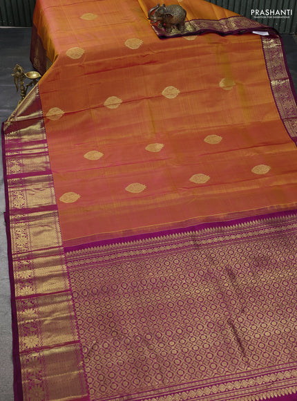 Pure kanchipuram silk saree dual shade of yellow and magenta pink with zari woven buttas and zari woven border