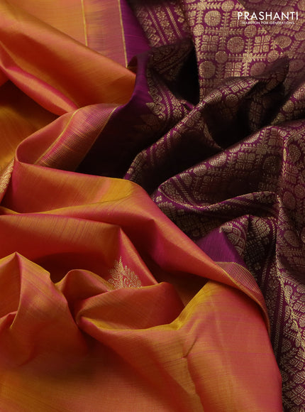 Pure kanchipuram silk saree dual shade of yellow and magenta pink with zari woven buttas and zari woven border