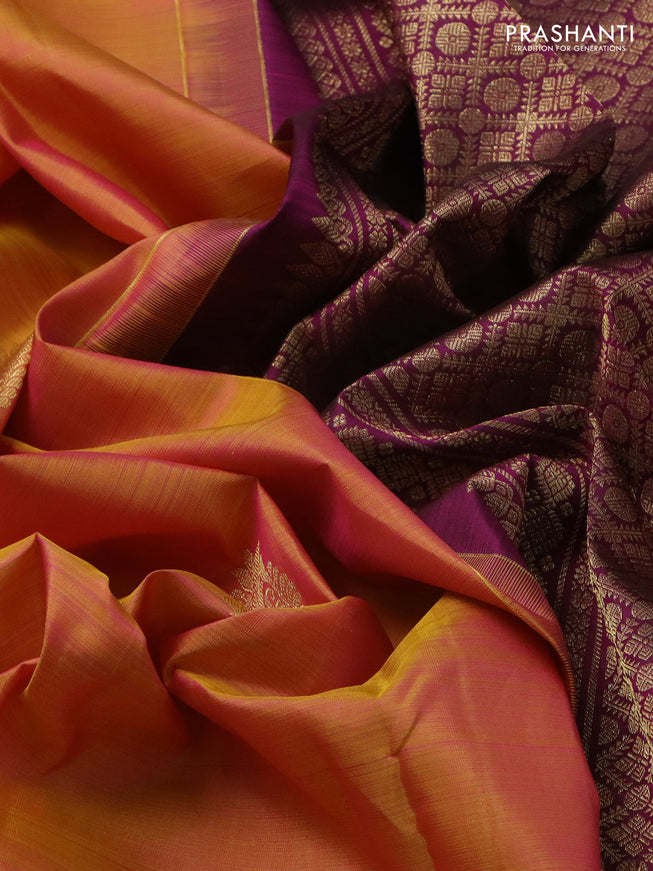 Pure kanchipuram silk saree dual shade of yellow and magenta pink with zari woven buttas and zari woven border