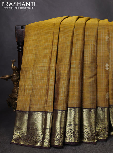 Pure kanchipuram silk saree mehendi green and deep coffee brown with allover small zari checked pattern and zari woven border