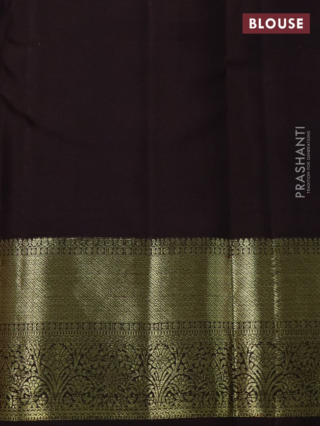 Pure kanchipuram silk saree mehendi green and deep coffee brown with allover small zari checked pattern and zari woven border