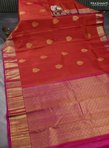 Pure kanchipuram silk saree orange and pink with zari woven buttas and zari woven border
