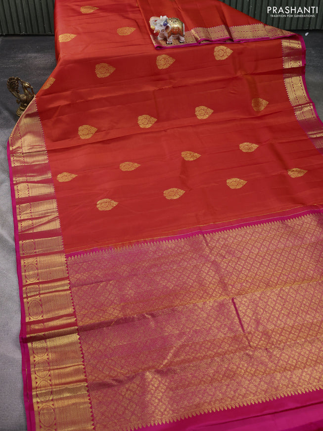 Pure kanchipuram silk saree orange and pink with zari woven buttas and zari woven border